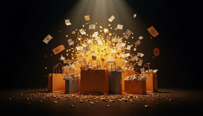 Cash and coins exploding with shopping bags and travel items representing massive cashback